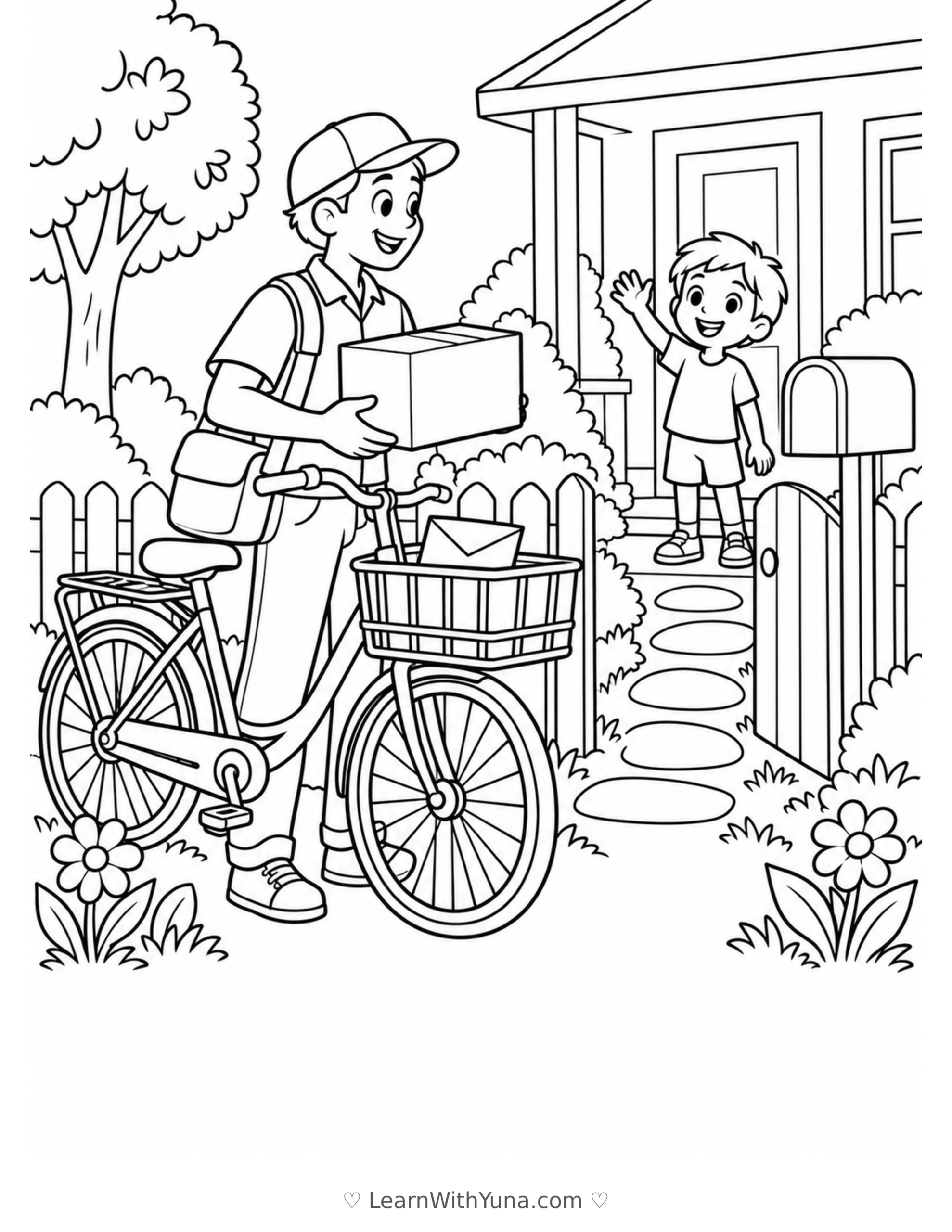 Neighborhood Mail Carrier’s Bicycle Delivery Coloring Page