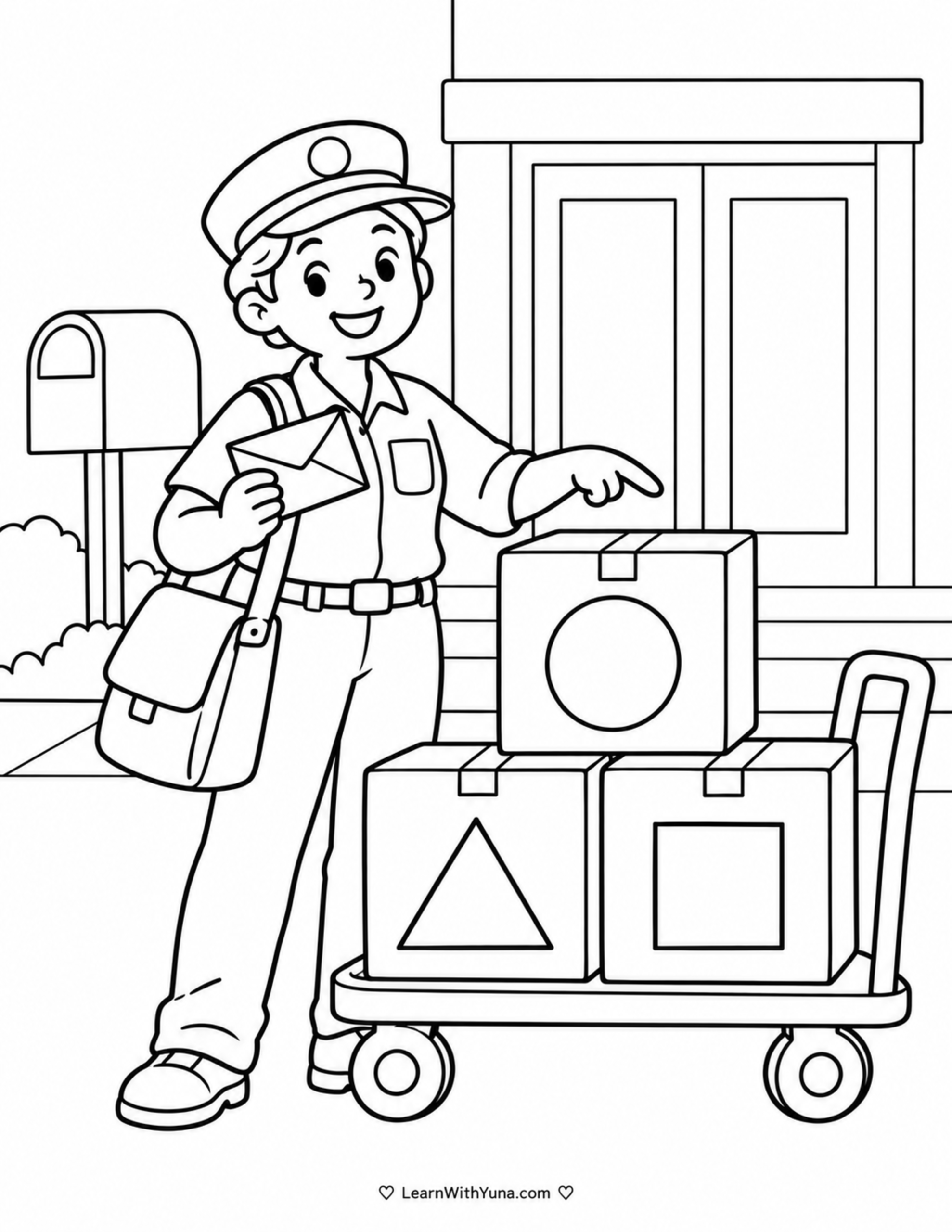 Friendly Mail Carrier’s Shape Parcel Sort Coloring Page