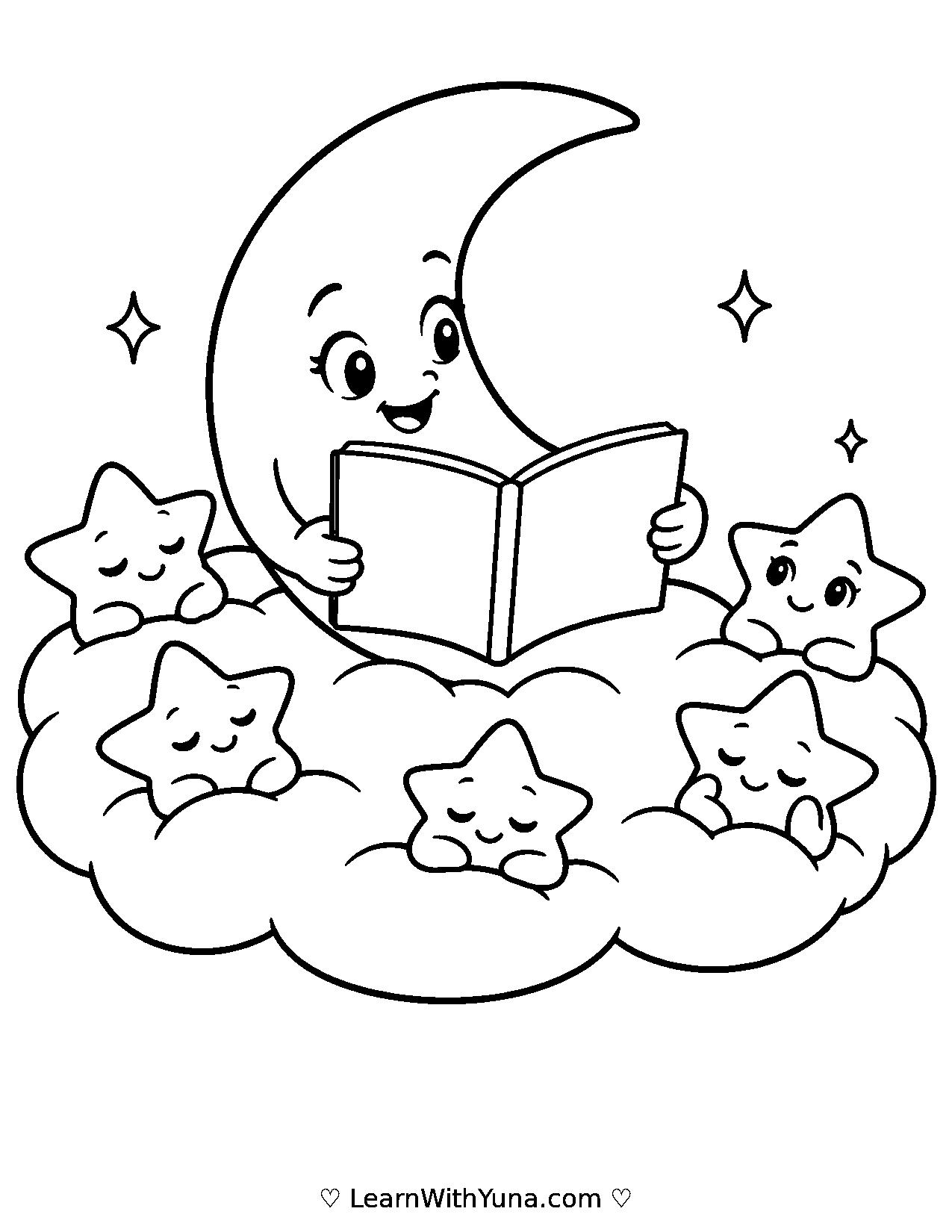 Moon Reads to Sleepy Stars Coloring Page printable preview