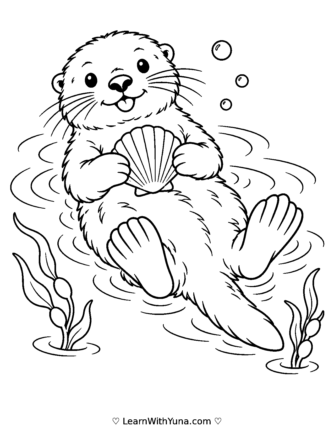 Sea Otter Floats with a Seashell Coloring Page printable preview
