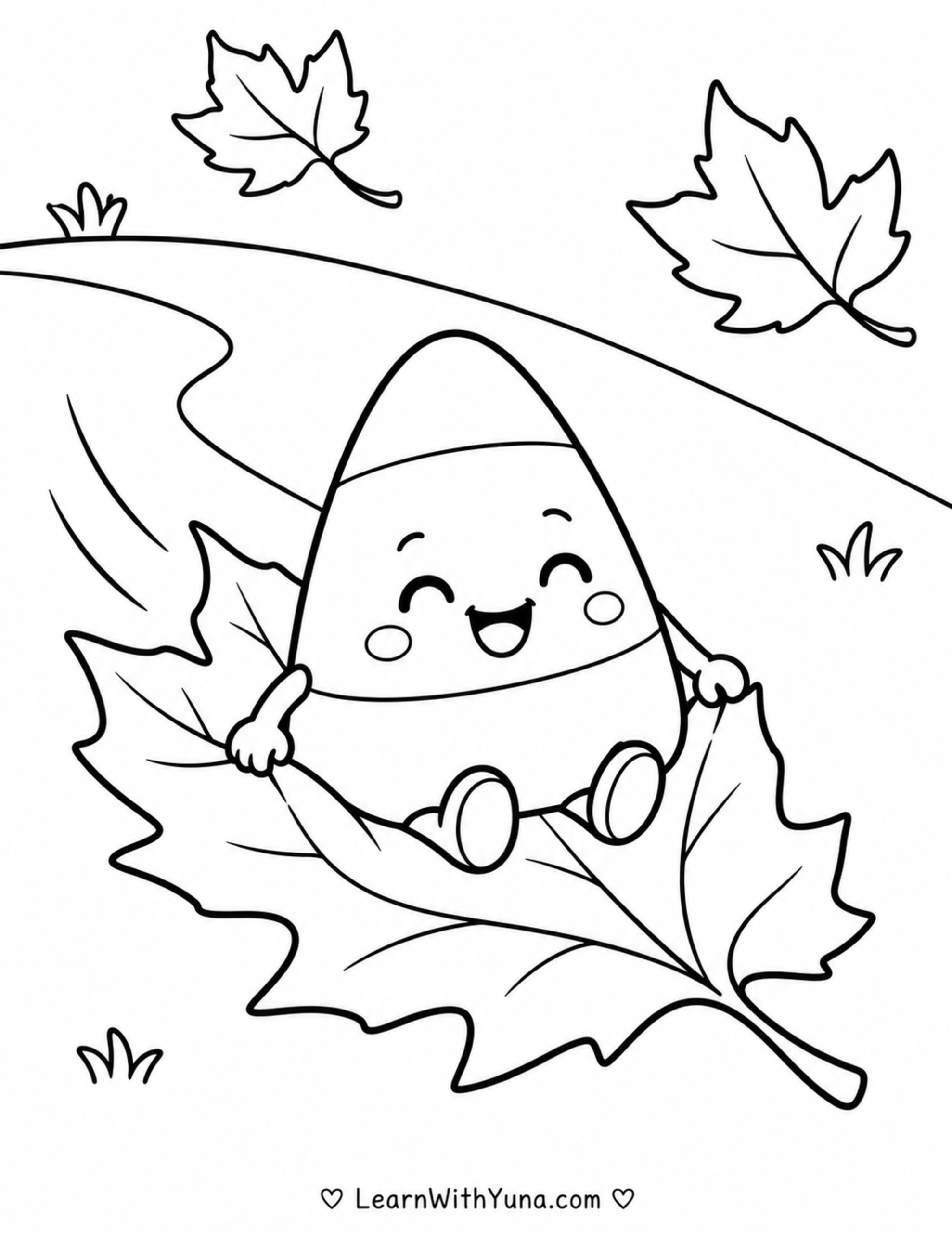 Smiling Candy Corn’s Leaf Sled Ride Coloring Page