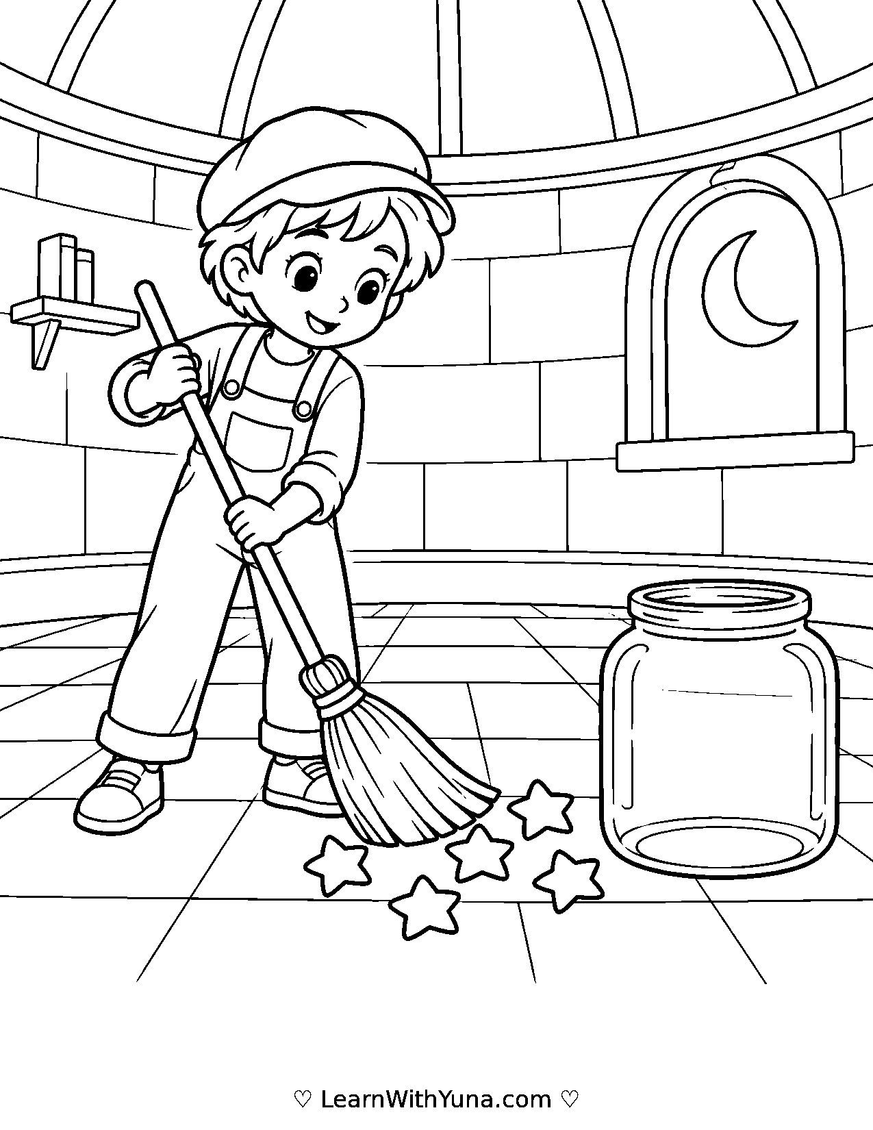 Star Keeper Sweeps Fallen Stars into a Jar Coloring Page printable preview