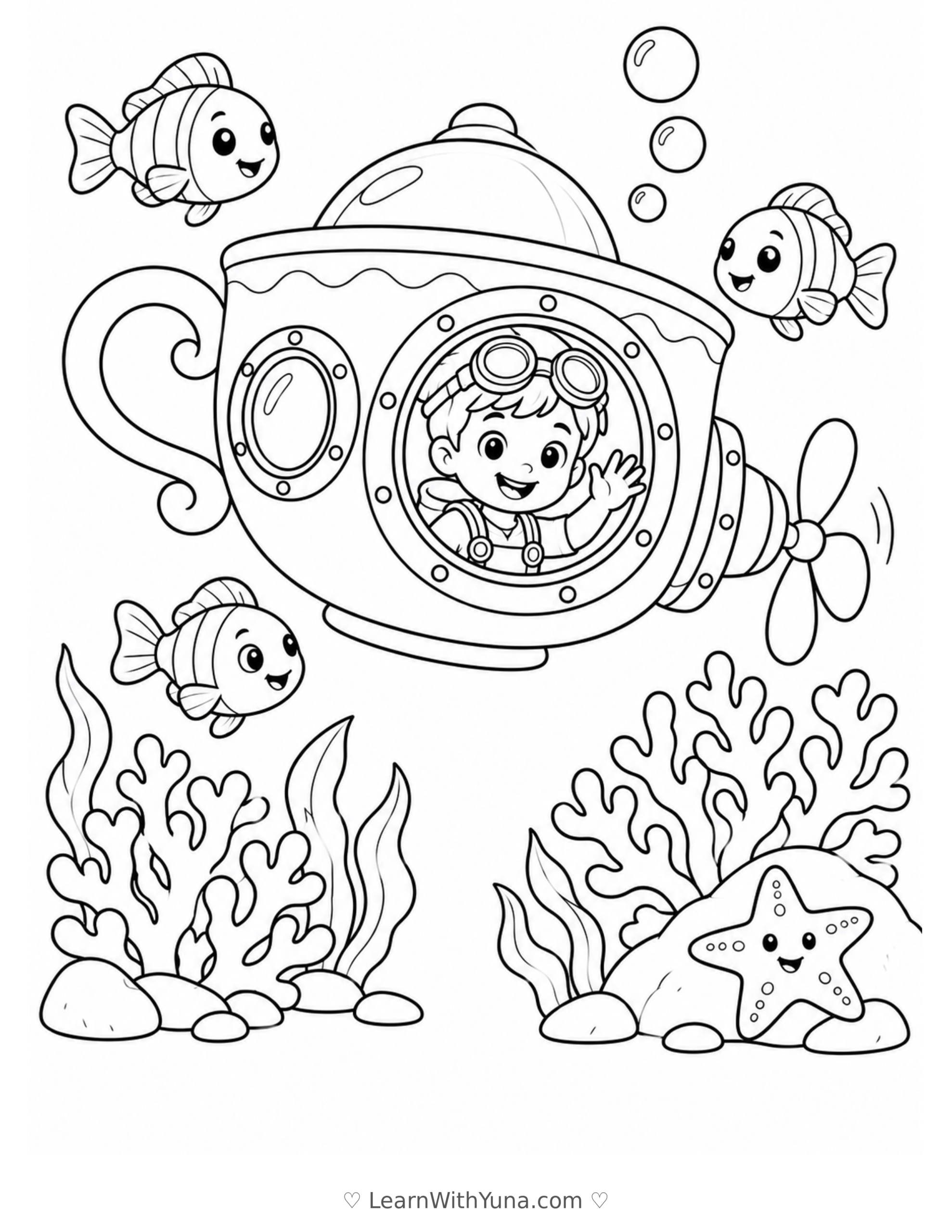 Teacup Submarine’s Coral Adventure Coloring Page