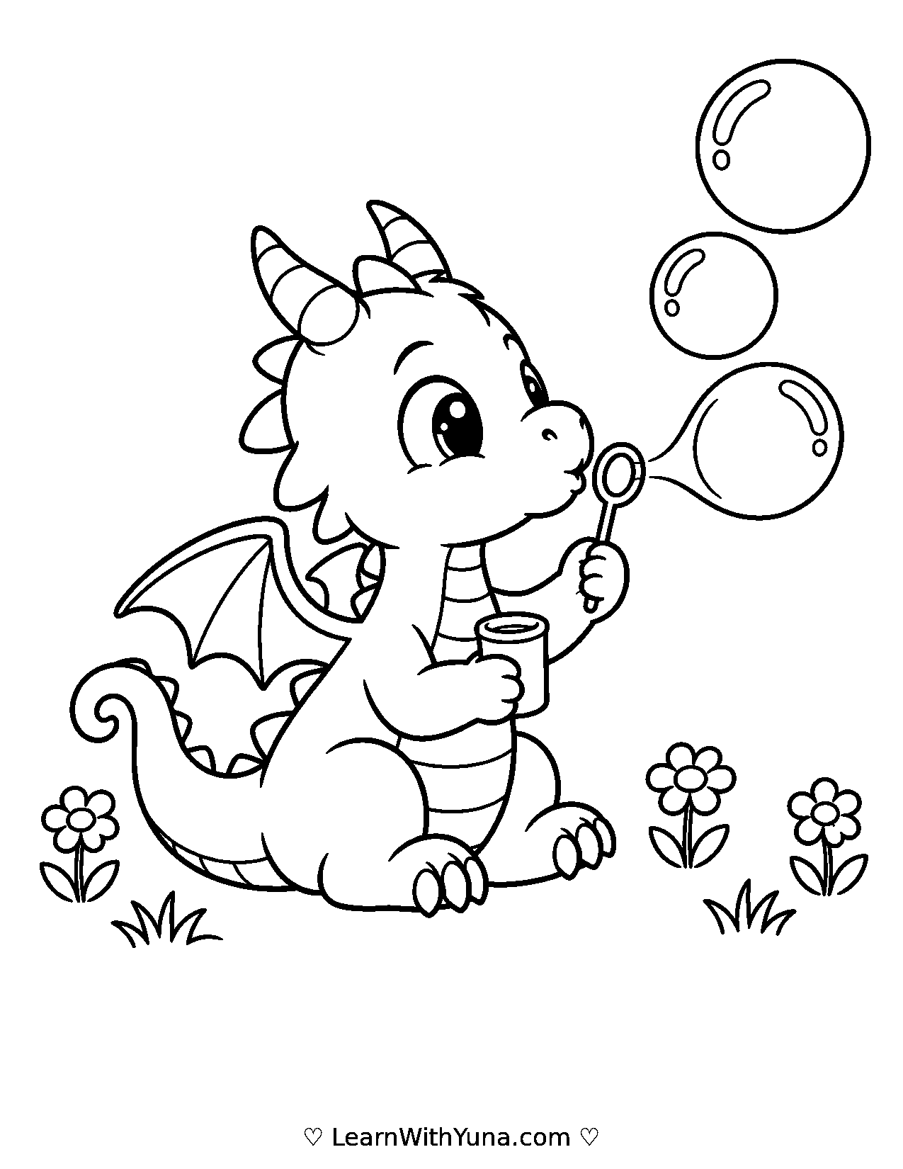 Tiny Dragon Blows Three Soap Bubbles Coloring Page printable preview
