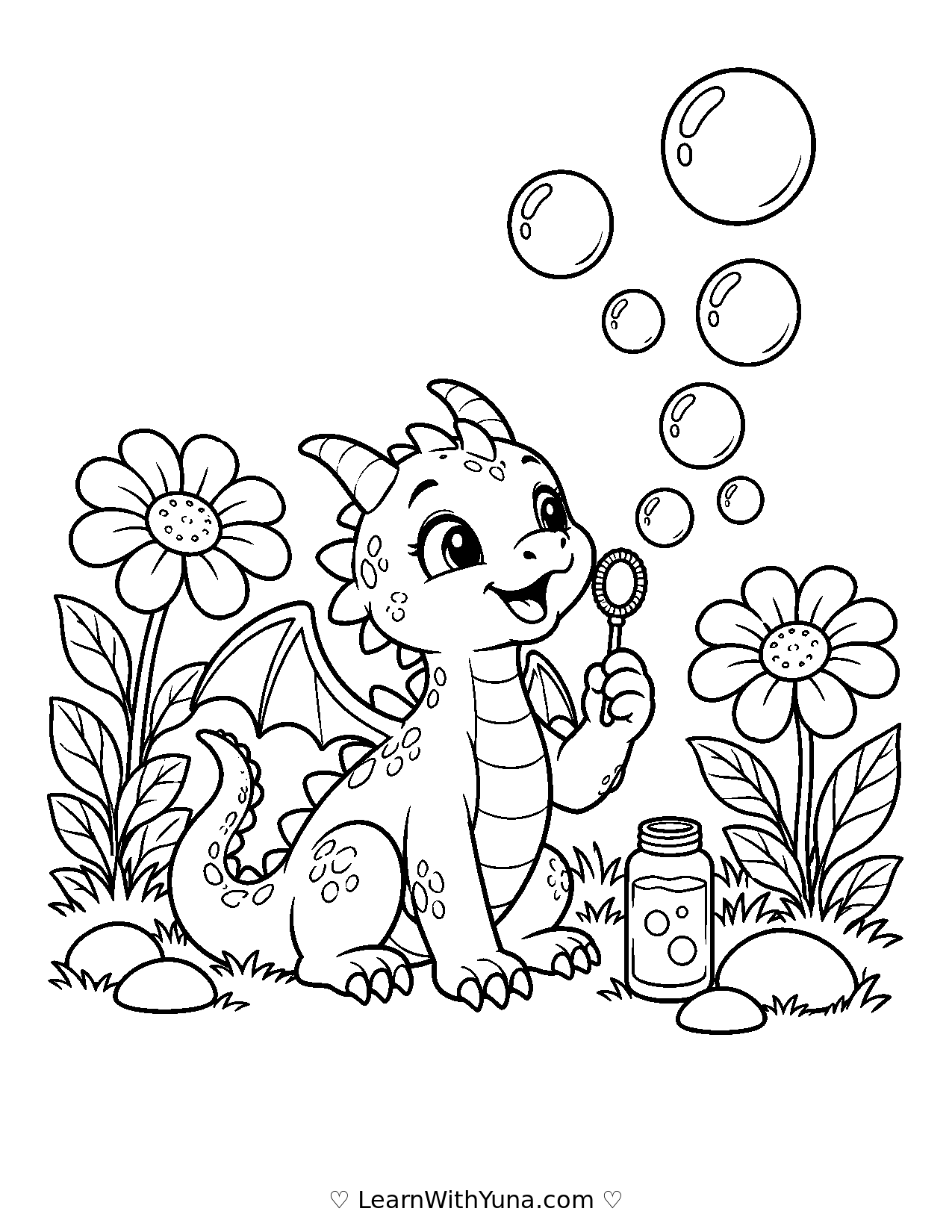Tiny Dragon Blows Soap Bubbles Coloring Page printable preview