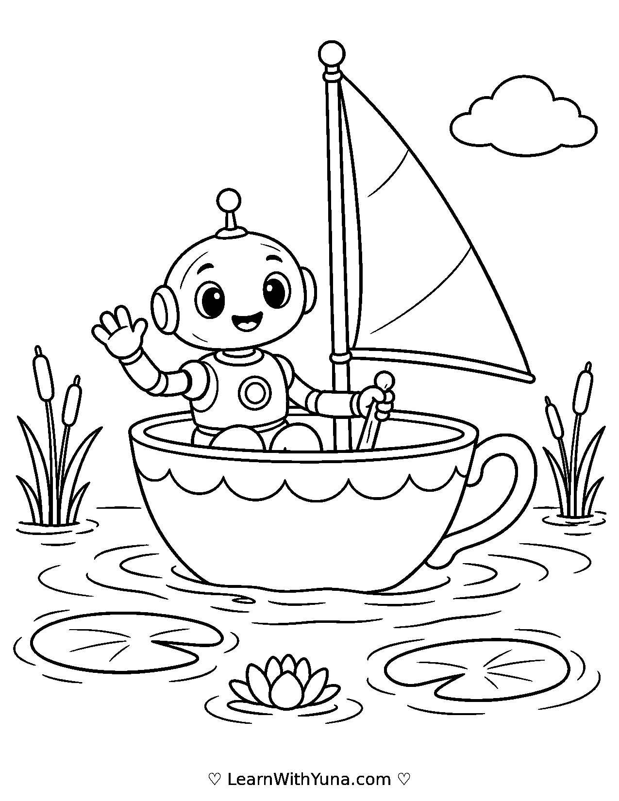 Tiny Robot Sails a Teacup Boat Coloring Page printable preview