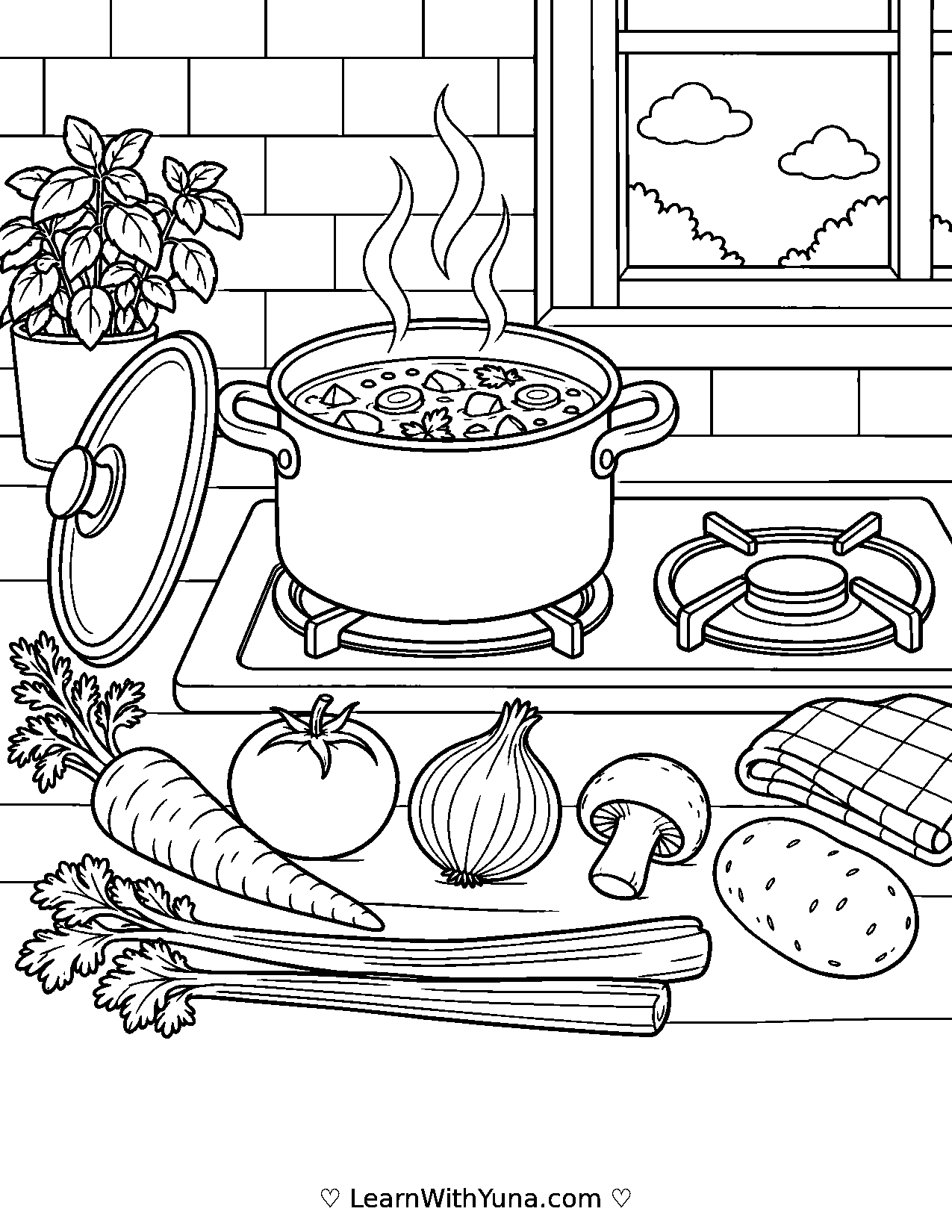 Vegetable Soup Simmering on the Stove Coloring Page printable preview